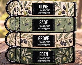 Personalized Olive Dog Collar, Botanical Grove & Leaf Design, Black Name ID Tag