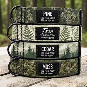 Peut inclure: Quatre colliers pour chien empilés avec des motifs inspirés de la nature : aiguilles de pin, fougères, forêts de montagne et arbres moussus. Chaque collier porte une étiquette noire avec le texte blanc PINE, Fern, CEDAR, MOSS, un numéro et Microchipped.