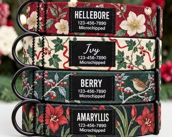 Personalized Nylon Dog Collar with Black Name Label, Christmas Floral Prints, No Jingle