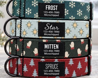 Personalized Winter Nylon Dog Collar with Black Name Label, Christmas Prints, No Jingle