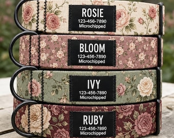 Personalized Floral Dog Collar, Vintage Rose Garden Design, Black Name ID Tag