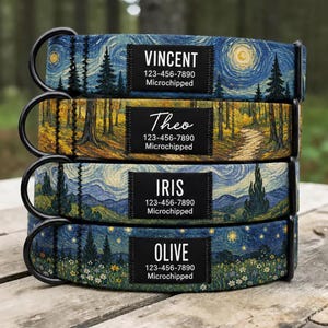 May include: A stack of four fabric dog collars featuring artistic landscape prints. Each collar has a black metal D-ring and a black rectangular nameplate with the text VINCENT, Theo, IRIS, or OLIVE, followed by 123-456-7890 and Microchipped.