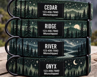 Personalized Forest Collar with Name, Custom Mountain Night Sky Pine Tree Woodland Pet ID