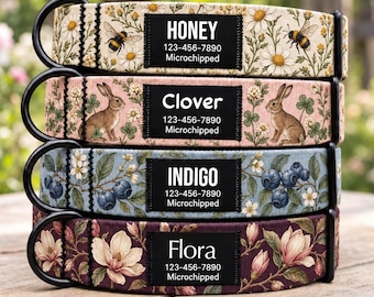 Personalized Floral Dog Collar, Vintage Garden & Botanical Design, Black Name ID Label