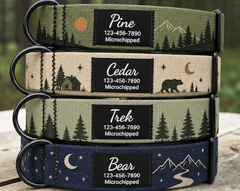 Personalized Mountain Dog Collar, Custom Forest Camping Design, Black Label Name ID Tag