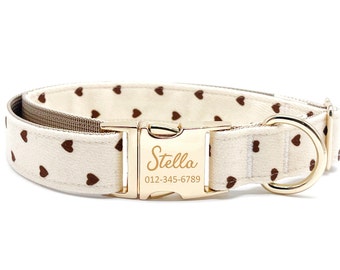 Personalized Dog Collar - Custom Name, Metal Hardware, Handmade, Collar for Small to Large Dogs, Gift for Dogs - Chic Beige Hearts