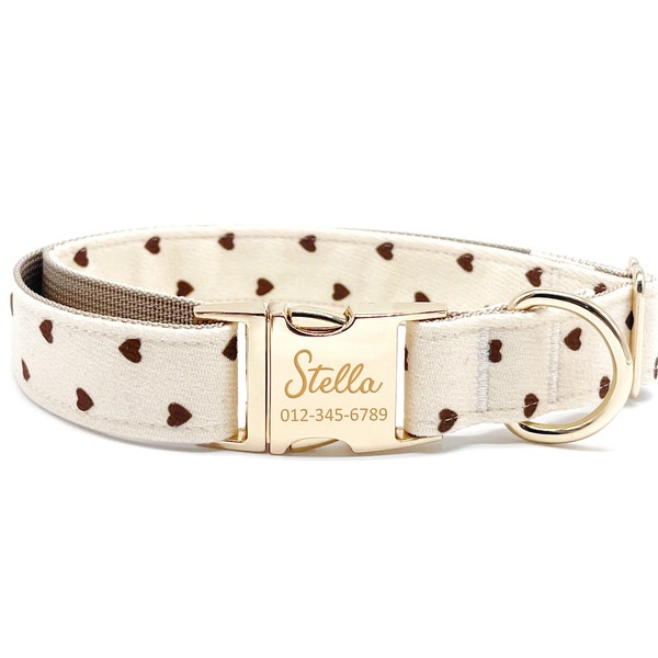 Personalisiertes Hundehalsband - Name, Metall-Hardwares, handgemacht, Halsband für kleine bis große Hunde, Geschenk für Hunde - schicke beige Herzen