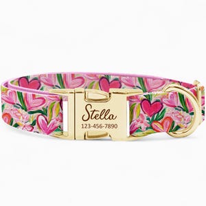 Personalized Dog Collar: Pink Valentine Heart, Custom Engraved Name, Handmade