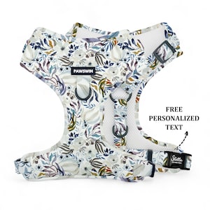 Personalized Floral Dog Harness: Handmade, Adjustable, Custom Engraved Name