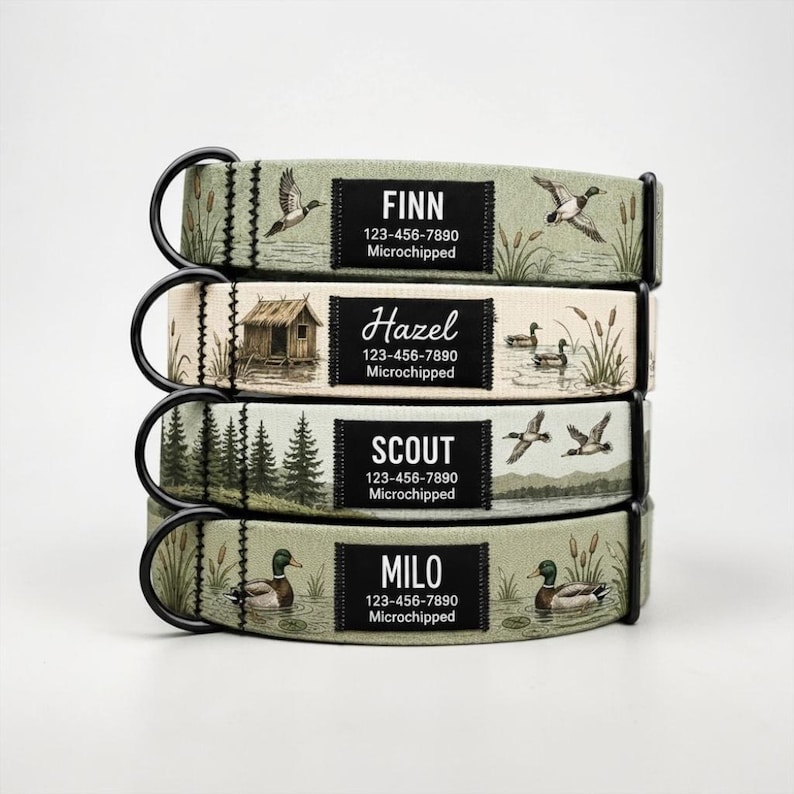 Personalized Duck Hunting Dog Collar, Custom Name Patch, Marsh Lodge Print image 3