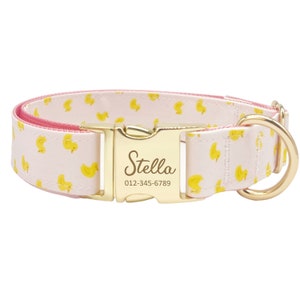 Personalized Dog Collar - Custom Name, Metal Hardware, Handmade, Collar for Small to Large Dogs, Gift for Dogs - Pink Little Duck