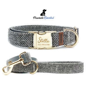 Black Chevron Dog Collar and Leash Set: Personalized Engraved Buckle