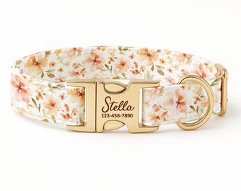 Personalized Floral Dog Collar, Custom Peach Blossom Design, Gold ID Buckle Collar