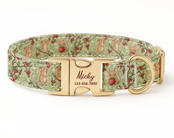 Personalized Mouse Dog Collar, Laser Engraved Gold Buckle, Strawberry Berry Pattern, Custom ID