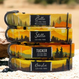 May include: Four dog collars with a sunset and mountain landscape design. The collars are yellow, orange, and green with black text. The text on the collars reads: Bella 123-456-7890 Microchipped, Stella 123-456-7890, Tucker 123-456-7890 123-456-7890, Charlie 123-456-7890.