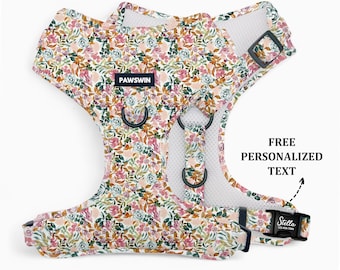 Personalized Dog Harness: Handmade Floral Print, Custom Engraved Name Adjustable, Metal Ring