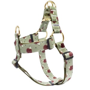 Personalized Dog Harness - Handmade Step-in harness, Small to Large Dogs, Double ringed secure, 3-points of adjustment - Green Hedgehog