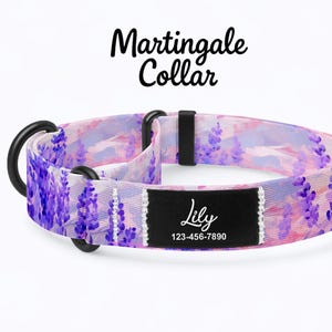 May include: A floral martingale collar with a lavender and pink watercolor design. The collar has black hardware and a black name tag with the name "Lily" and a phone number. The words "Martingale Collar" are written in black script.