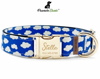 Personalized Dog Collar - Custom Name, Metal Hardware, Handmade, Collar for Small to Large Dogs, Gift for Dogs -Blue Cloud
