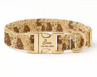 Personalized Bear Dog Collar, Engraved Gold Buckle, Forest Bear Pattern, Watercolor Summer Gift