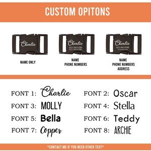 May include: Three black metal dog tag buckles with different customization options. The first buckle says "Charlie" and has the option for a name only. The second buckle says "Charlie" and has the option for a name and phone numbers. The third buckle says "Charlie" and has the option for a name, phone numbers, and address. Below the buckles are eight different font styles for the name, including "Charlie", "Oscar", "Molly", "Stella", "Bella", "Teddy", "Copper", and "Archie".
