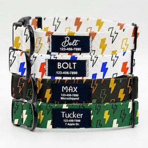 Collier pour chien en nylon personnalisé, motif éclairs, écusson silencieux cousu pour le nom