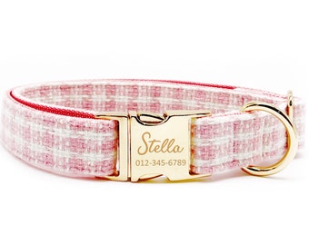 Personalized Dog Collar - Custom Name, Metal Hardware, Handmade, Collar for Small to Large Dogs, Gift for Dogs - Elegant Blush Plaid