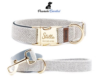 Personalized Dog Collar and Leash Set: Engraved Metal Buckle, Handmade in Canada