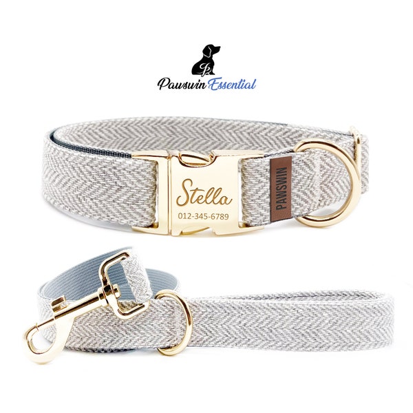 Neutral Dog Essential Bundle - Custom Dog Collar and Leash - Personalized Engraved Collar - Adjustable Size - Metal Buckle