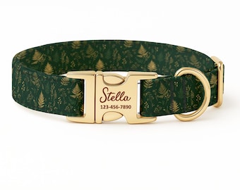 Personalized Golden Fern Dog Collar, Laser Engraved Gold Buckle, Woodland Botanical Leaf, Custom ID