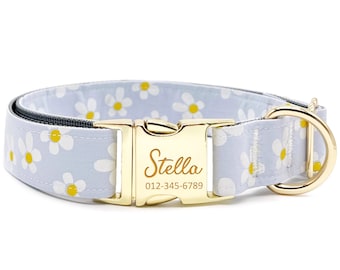 Collare per cani personalizzato: fiore blu fatto a mano, fibbia in metallo incisa