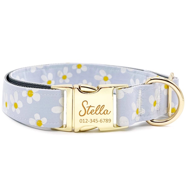 Personalized Dog Collar - Custom Name, Metal Hardware, Handmade, Collar for Small to Large Dogs, Gift for Dogs - Blue Flower