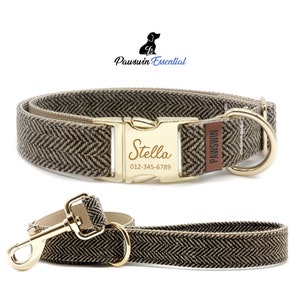 Braunes Chevron Hundehalsband und Leinen Set: Personalisiertes Hundehalsband