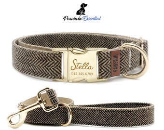 Brown Chevron Dog Essential Bundle - Custom Dog Collar and Leash - Personalized Engraved Collar - Adjustable Size - Metal Buckle