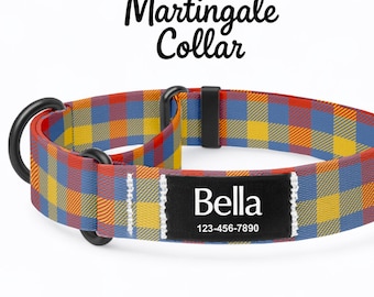 Colorful Plaid Martingale Nylon Dog Collar: Personalized No-Slip Training Collar with Custom Name Patch
