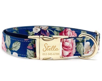 Collar floral personalizado para perro: hebilla de metal grabada a medida