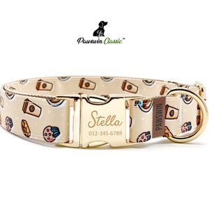 Personalized Coffee Print Dog Collar: Custom Engraved Metal Buckle
