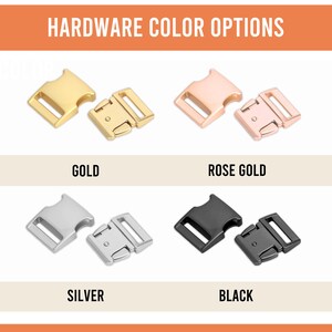 May include: Four metal clasps in different colors: gold, rose gold, silver, and black. The clasps are separated into pairs, with each pair showing the clasp open and closed.