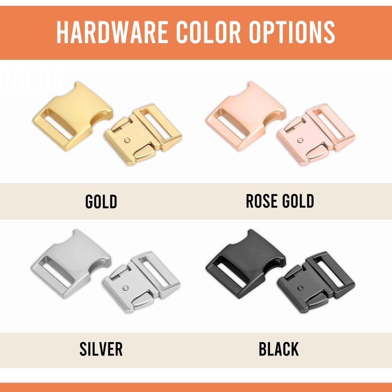 May include: Four metal clasps in different colors: gold, rose gold, silver, and black. The clasps are separated into pairs, with each pair showing the clasp open and closed.