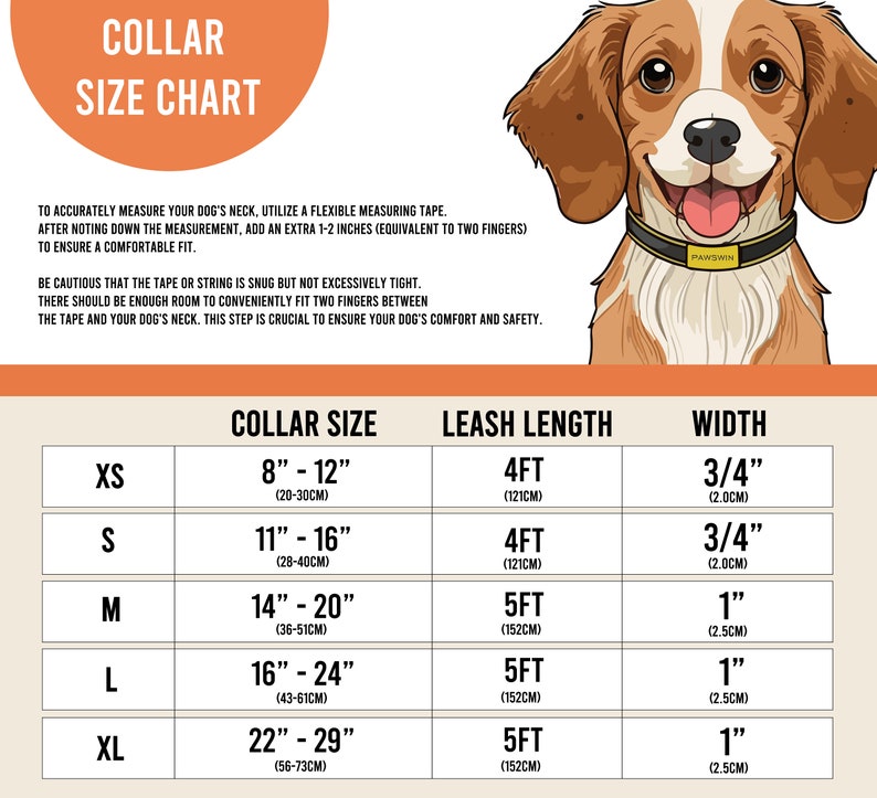 May include: A size chart for dog collars and leashes. The chart shows the collar size in inches and centimeters, the leash length in feet and centimeters, and the width of the collar in inches and centimeters.
