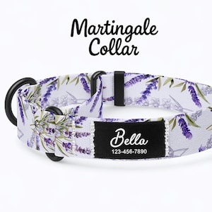 May include: A white Martingale collar with a lavender floral pattern. The collar has black hardware and a black name tag with the name "Bella" and a phone number. The text "Martingale Collar" is above the collar.