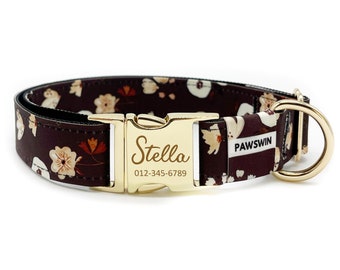 Personalized Dog Collar - Custom Name, Metal Hardware, Handmade, Collar for Small to Large Dogs, Gift for Dogs - Dark Brown Flower