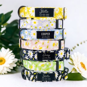 Personalized Daisy Dog Collar – White Yellow Floral Print, Custom Fabric Name Patch, Adjustable Nylon ID Collar, Quiet No‑Jingle Gift