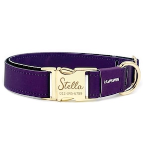 Personalized Plain Color Dog Collar - Custom Name, Metal Hardware, Handmade, Collar for Small to Large Dogs, Gift for Dogs - Elegant Purple