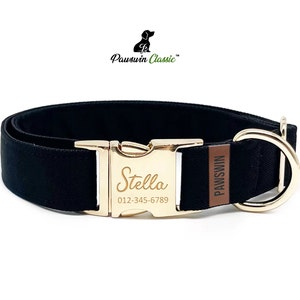 Personalized Dog Collar - Custom Name, Metal Hardware, Handmade, Collar for Small to Large Dogs, Gift for Dogs - Solid Black