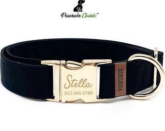 Personalized Black Dog Collar: Custom Engraved Name, Metal Buckle