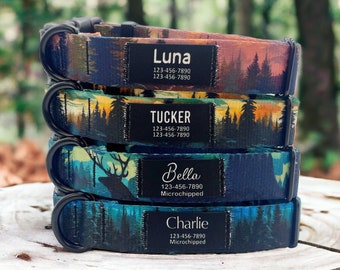 May include: Four dog collars stacked on top of each other. Each collar has a different design with a forest scene. Each collar has a black tag with a dog's name, phone number, and "microchipped" text.