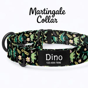 May include: A black Martingale collar with a dinosaur pattern in green and yellow. The collar has a black name tag with the name "Dino" and a phone number. The collar is designed for dogs.