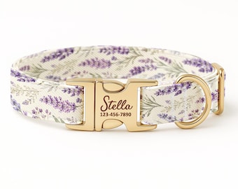 Personalized Lavender Dog Collar, Custom Gold Buckle Floral Pet Collar