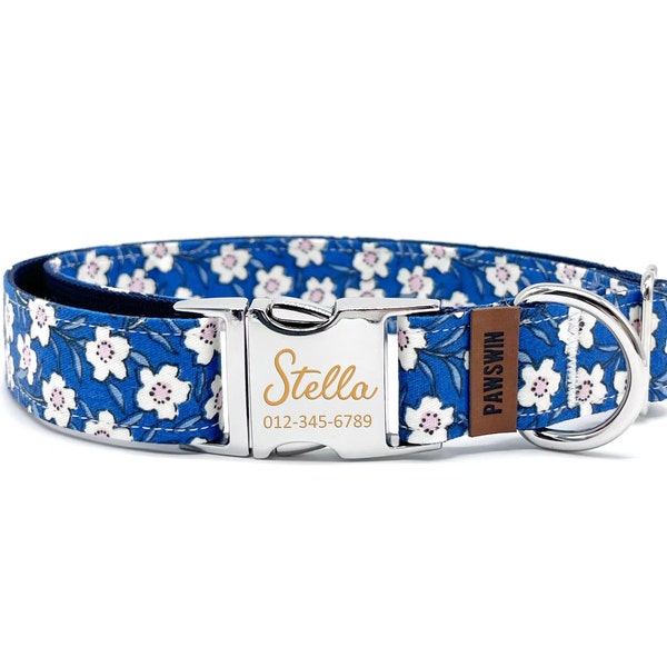 Personalized Blue Floral Dog Collar: Custom Engraved Metal Buckle